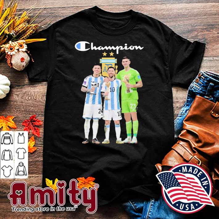 Champions Argentina Enzo Fernandez and Lionel Messi and Emiliano Martinez t-shirt