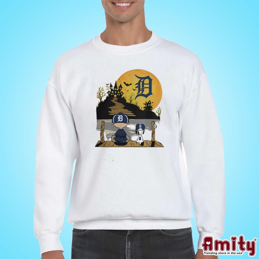 Snoopy Charlie brown sit under moon detroit tigers halloween T-shirt, hoodie,  tank top, sweater and long sleeve t-shirt