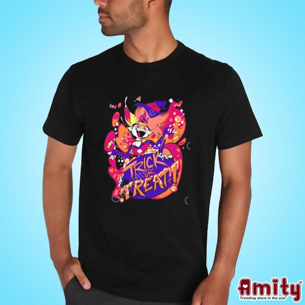 Official Hazbin hotel merch beelzebub trick or treat art design t-shirt