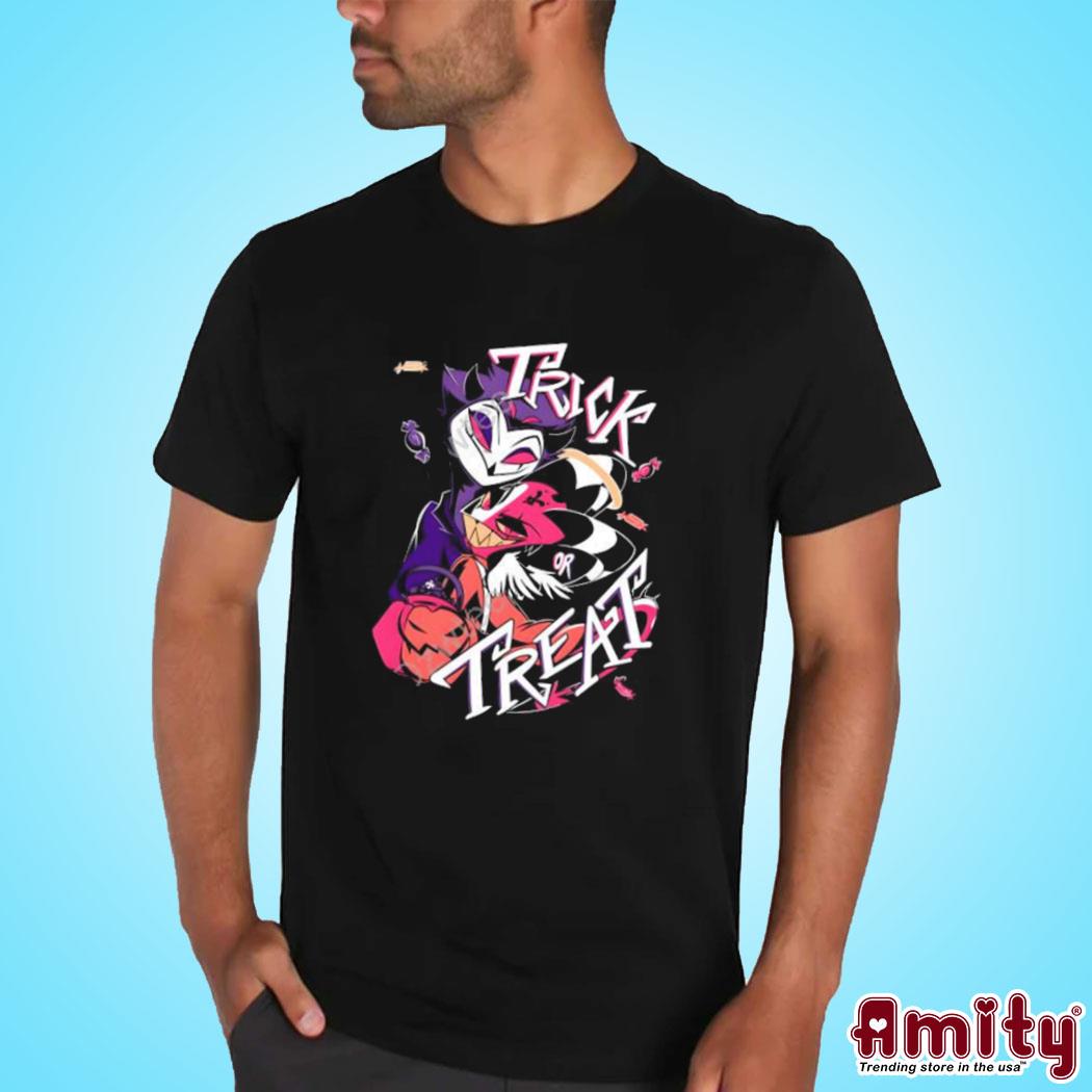 Official Hazbin hotel merch stolas + blitz trick or treat art design t-shirt